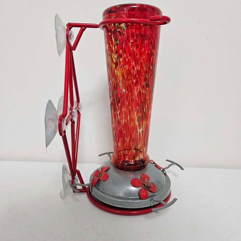 Jola's House Hand Blown Glass Art Hummingbird Feeder Red Window Mount 16 oz‎